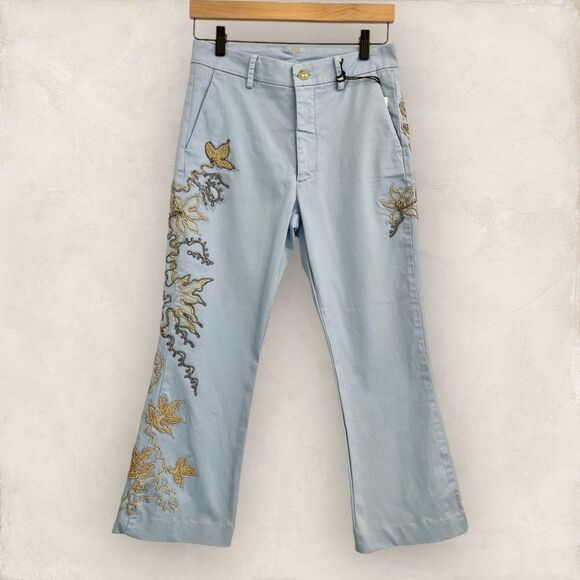 Anthropologie History Repeats Pants Blue Embroidered Beaded Metallic Size 38 2 - Picture 1 of 12